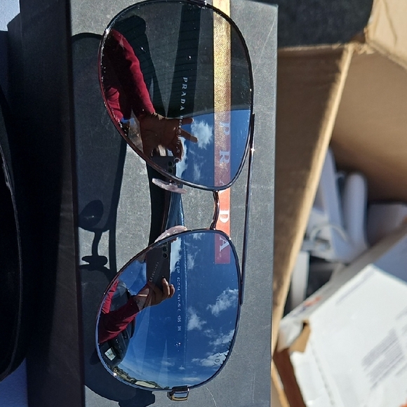 Prada Men's Sunglasses - Blue Lenses with Silver Frame - Picture 1 of 6